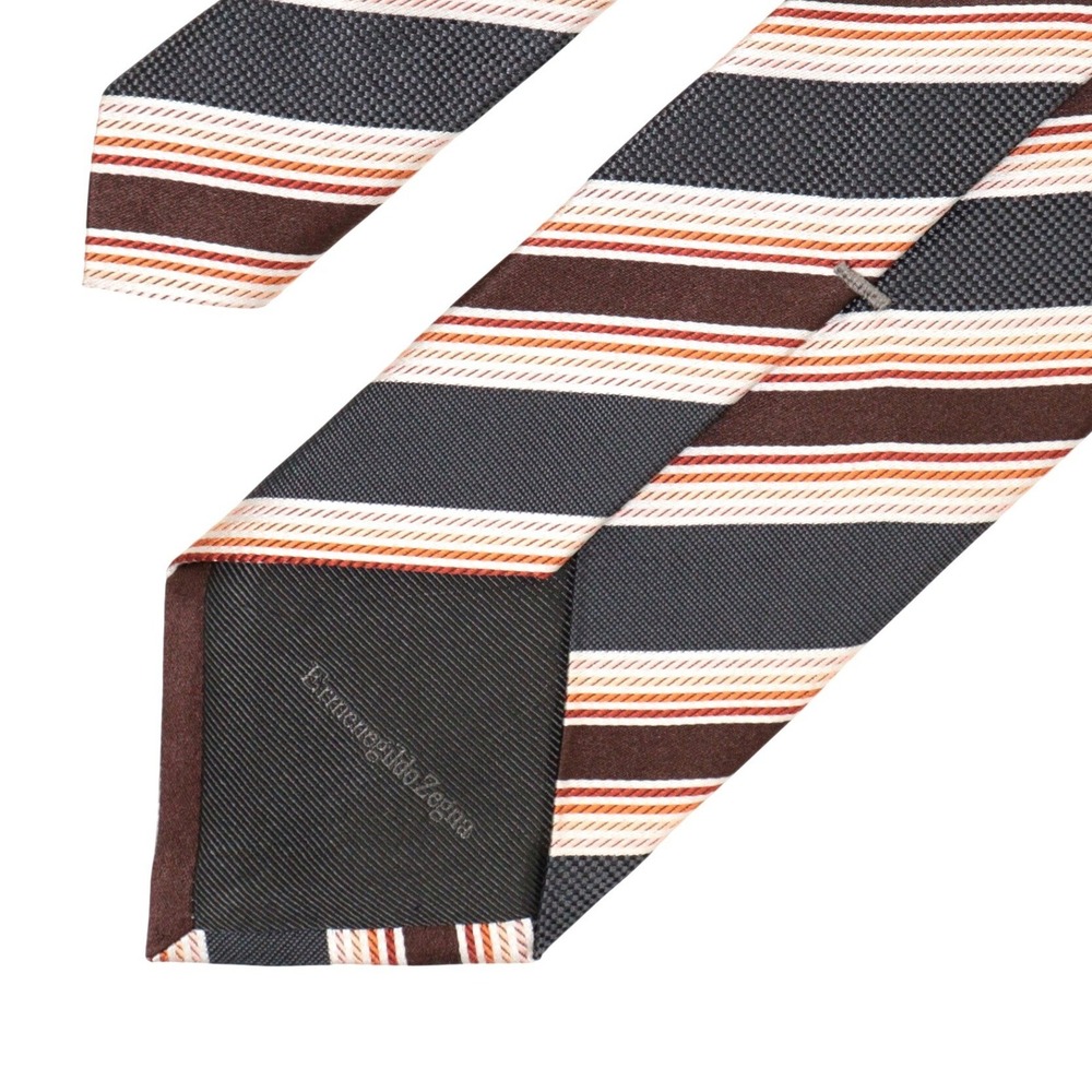 Ermenegildo Zegna Tie Repp Striped Brown Gray Preppy 3.5" Wide 100% Silk Italy